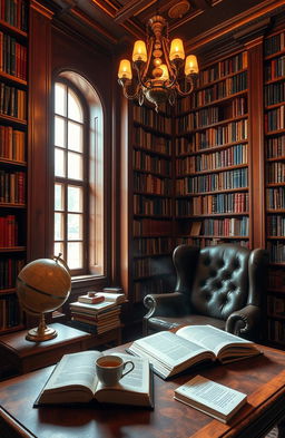 A cozy and inviting library interior filled with tall wooden bookshelves that stretch to the ceiling, brimming with books of various colors and sizes