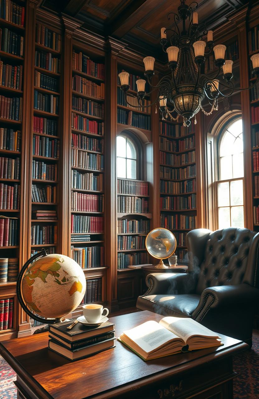 A cozy and inviting library interior filled with tall wooden bookshelves that stretch to the ceiling, brimming with books of various colors and sizes