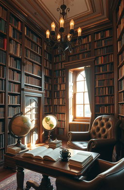 A cozy and inviting library interior filled with tall wooden bookshelves that stretch to the ceiling, brimming with books of various colors and sizes