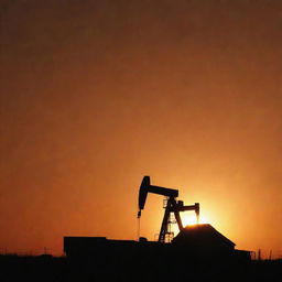 A rugged oil rig silhouetted against the brilliant setting sun in West Texas, with a dusty orange sky offering a breathtaking backdrop.