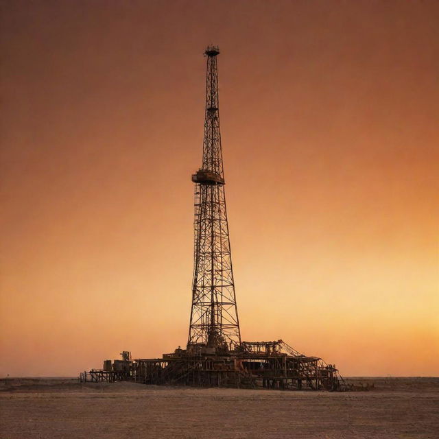 A sturdy oil rig located in West Texas stands tall under a dusty orange sky, bathed in the light of a sunset, creating a vivid and dramatic image.