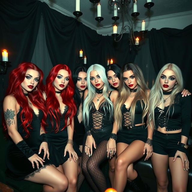 A group of trendy, stylish vampire girls hanging out together in a gothic setting