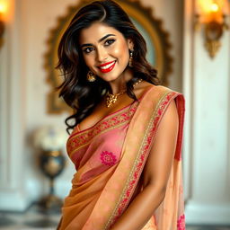 A hot and sexy woman wearing a beautifully draped saree, featuring intricate embroidery and vibrant colors that enhance her curves