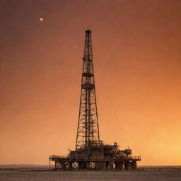 A sturdy oil rig located in West Texas stands tall under a dusty orange sky, bathed in the light of a sunset, creating a vivid and dramatic image.