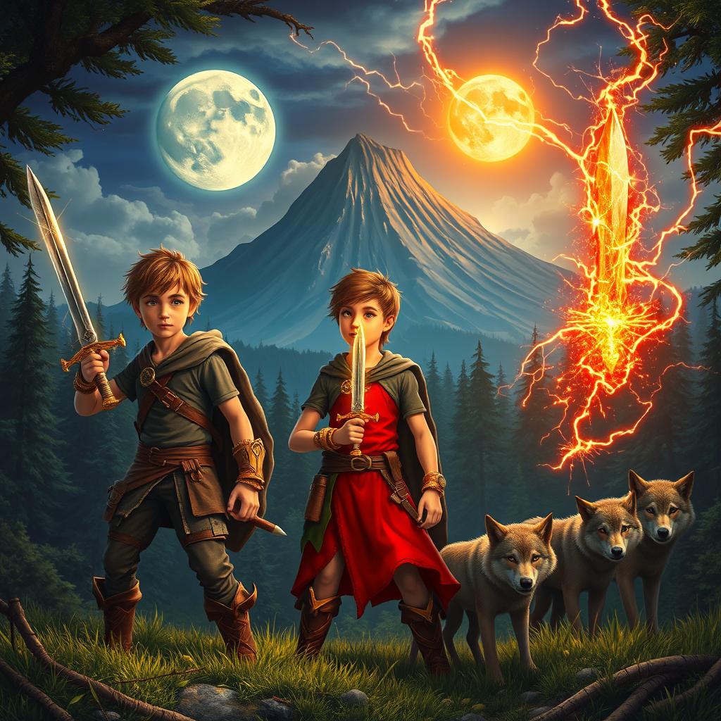 Three young adventurers in a stunning medieval-like world filled with lush forests, a majestic volcano in the background, and two luminous moons shining brightly in the sky