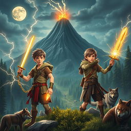 Three young adventurers in a stunning medieval-like world filled with lush forests, a majestic volcano in the background, and two luminous moons shining brightly in the sky