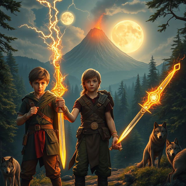 Three young adventurers in a stunning medieval-like world filled with lush forests, a majestic volcano in the background, and two luminous moons shining brightly in the sky