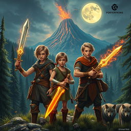 Three young adventurers in a stunning medieval-like world filled with lush forests, a majestic volcano in the background, and two luminous moons shining brightly in the sky