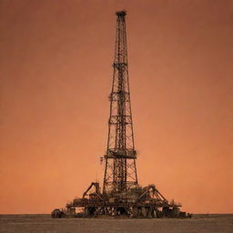 A sturdy oil rig located in West Texas stands tall under a dusty orange sky, bathed in the light of a sunset, creating a vivid and dramatic image.