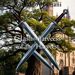 Two swords crossed in an X shape, with intricate detailing on their hilts and blades glinting in the light
