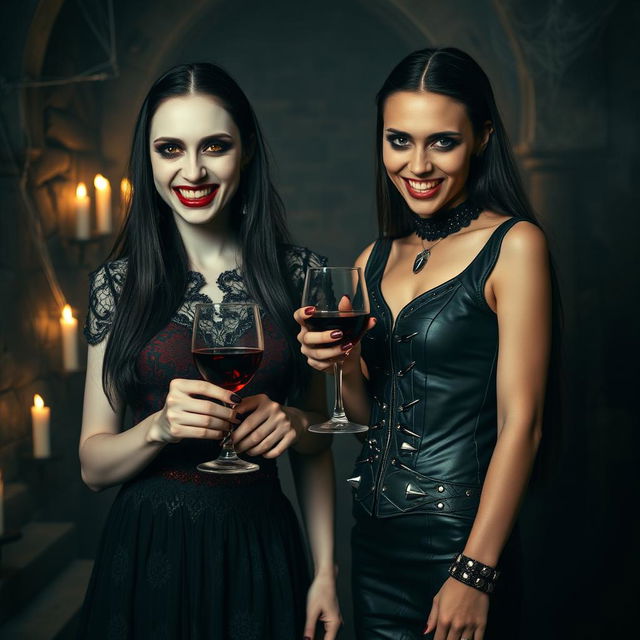 A dark and moody scene featuring two sadistic vampire girls in an eerie gothic setting