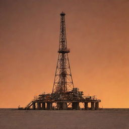 A sturdy oil rig located in West Texas stands tall under a dusty orange sky, bathed in the light of a sunset, creating a vivid and dramatic image.