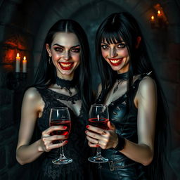 A dark and moody scene featuring two sadistic vampire girls in an eerie gothic setting