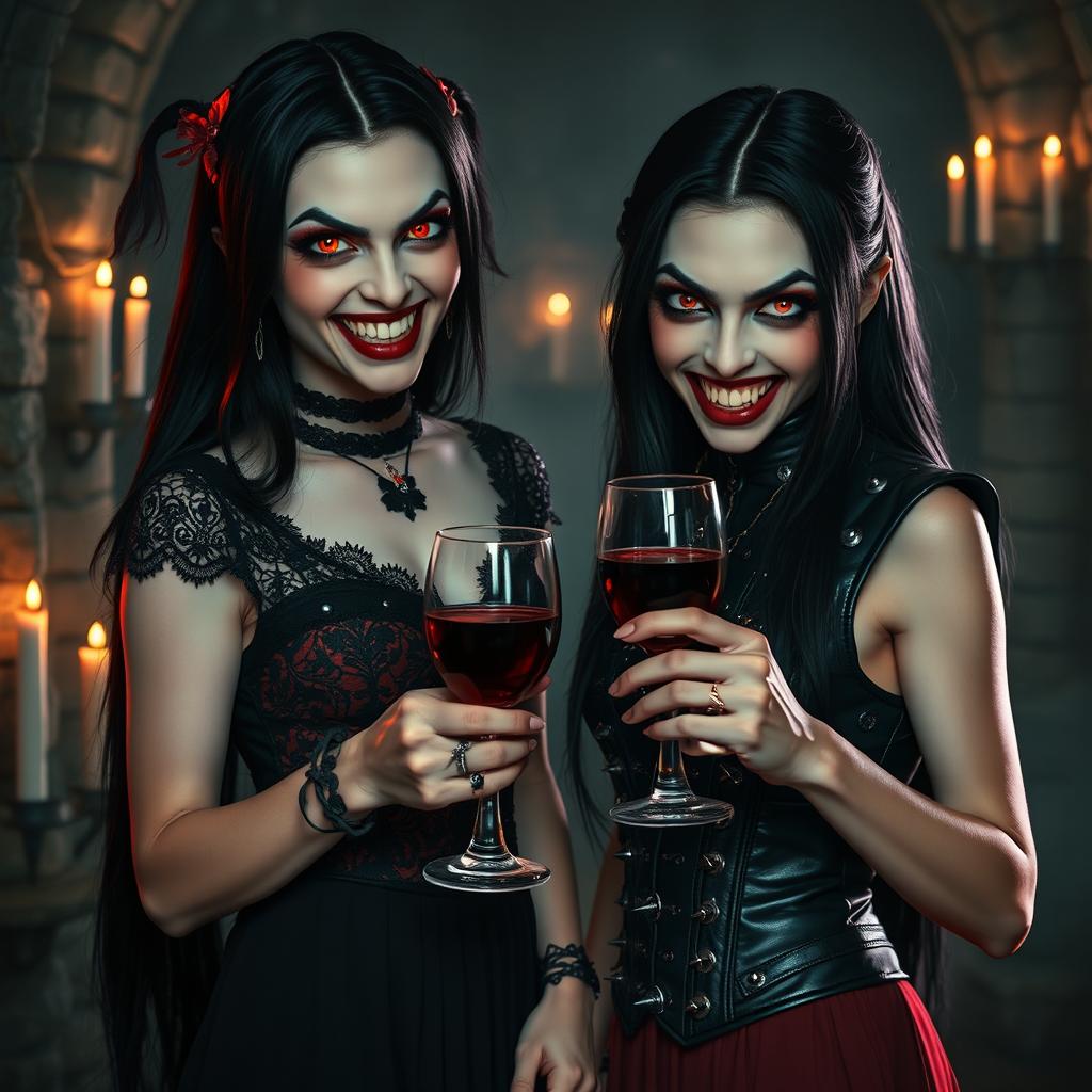 A dark and moody scene featuring two sadistic vampire girls in an eerie gothic setting