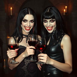 A dark and moody scene featuring two sadistic vampire girls in an eerie gothic setting