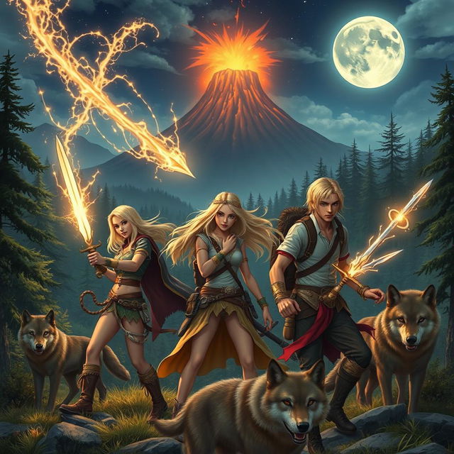 Three young-adult adventurers, featuring beautiful blondes, exploring a breathtaking medieval-like world that is rich with lush forests, a dramatic volcano in the distance, and two radiant moons shining in the night sky