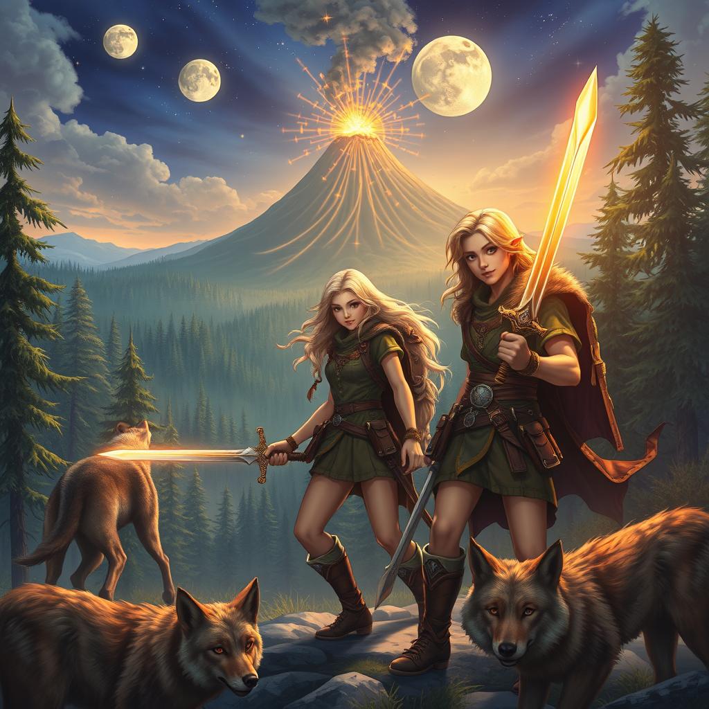 Three young-adult adventurers, featuring beautiful blondes, exploring a breathtaking medieval-like world that is rich with lush forests, a dramatic volcano in the distance, and two radiant moons shining in the night sky