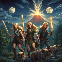 Three young-adult adventurers, featuring beautiful blondes, exploring a breathtaking medieval-like world that is rich with lush forests, a dramatic volcano in the distance, and two radiant moons shining in the night sky