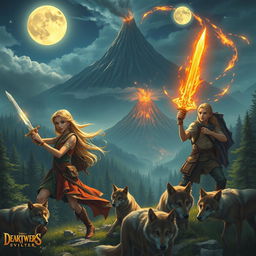 Three young-adult adventurers, featuring beautiful blondes, exploring a breathtaking medieval-like world that is rich with lush forests, a dramatic volcano in the distance, and two radiant moons shining in the night sky