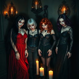 A chilling gathering of four sadistic vampire girls in a dark, gothic setting