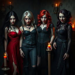 A chilling gathering of four sadistic vampire girls in a dark, gothic setting