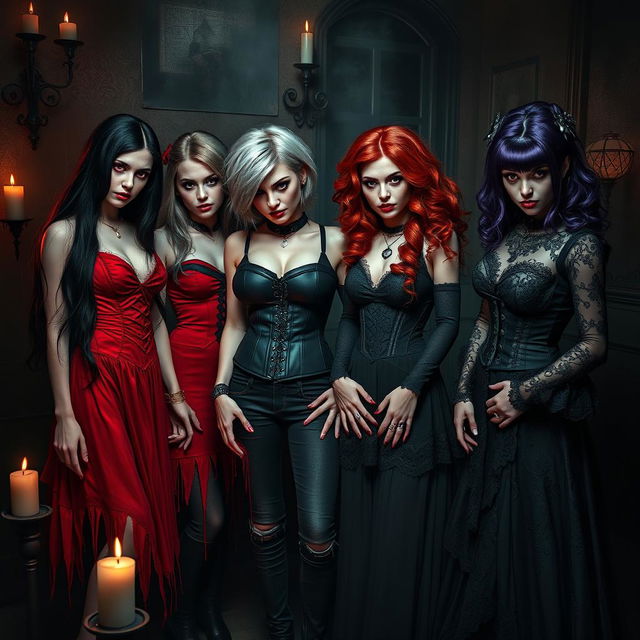 A chilling gathering of four sadistic vampire girls in a dark, gothic setting