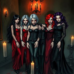 A chilling gathering of four sadistic vampire girls in a dark, gothic setting