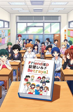 An anime-style illustration of a high school classroom filled with diverse students engaged in lively discussions and interactions
