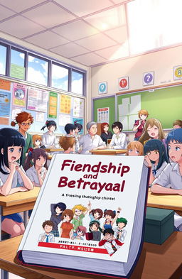An anime-style illustration of a high school classroom filled with diverse students engaged in lively discussions and interactions