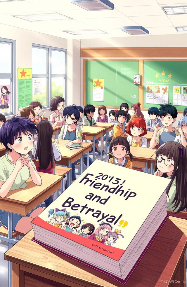 An anime-style illustration of a high school classroom filled with diverse students engaged in lively discussions and interactions