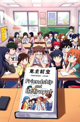 An anime-style illustration of a high school classroom filled with diverse students engaged in lively discussions and interactions