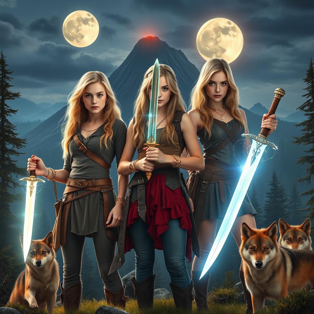 Three young-adult adventurers, featuring photorealistic beautiful blondes, standing in a breathtaking medieval-like world, characterized by dense forests, a looming volcano in the background, and two brilliant moons illuminating the night sky