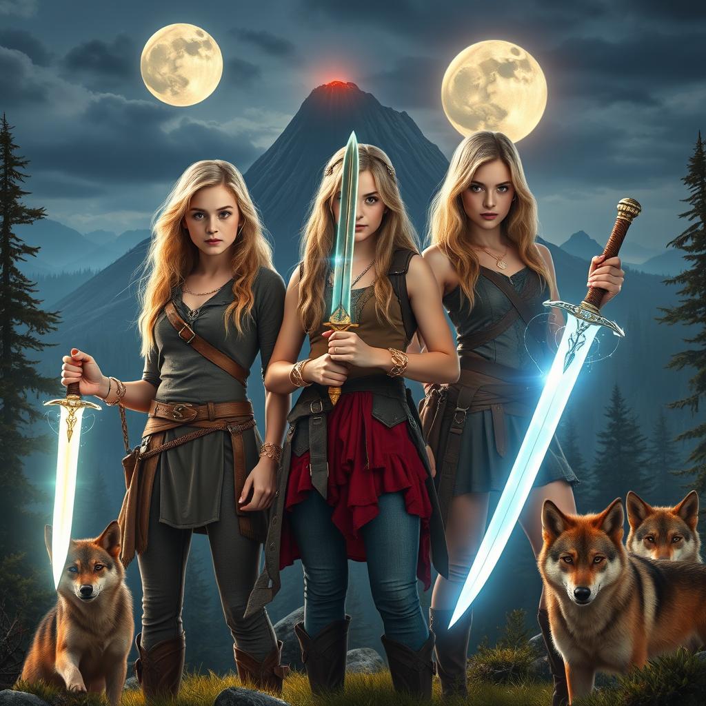 Three young-adult adventurers, featuring photorealistic beautiful blondes, standing in a breathtaking medieval-like world, characterized by dense forests, a looming volcano in the background, and two brilliant moons illuminating the night sky