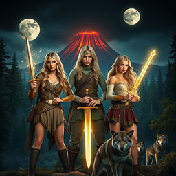 Three young-adult adventurers, featuring photorealistic beautiful blondes, standing in a breathtaking medieval-like world, characterized by dense forests, a looming volcano in the background, and two brilliant moons illuminating the night sky