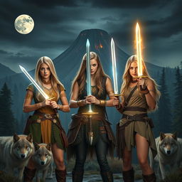 Three young-adult adventurers, featuring photorealistic beautiful blondes, standing in a breathtaking medieval-like world, characterized by dense forests, a looming volcano in the background, and two brilliant moons illuminating the night sky