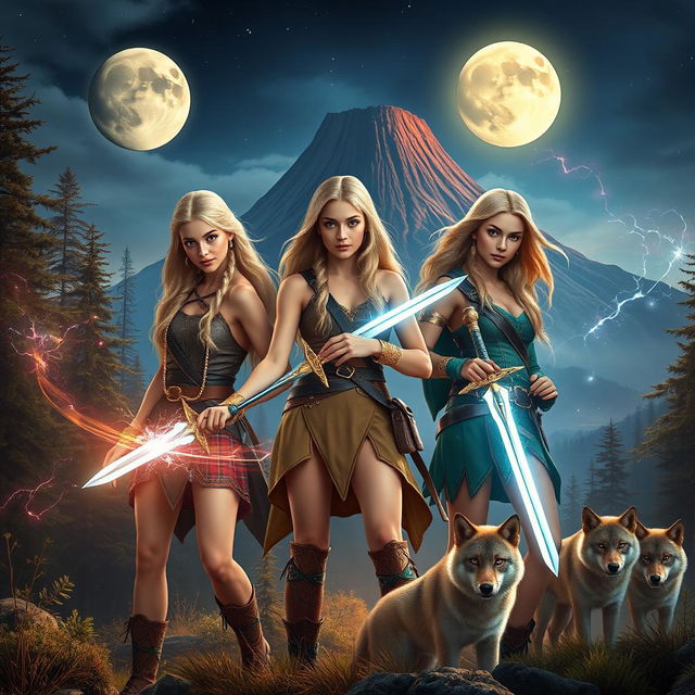 Three young-adult adventurers, featuring photorealistic beautiful blondes, standing in a breathtaking medieval-like world, characterized by dense forests, a looming volcano in the background, and two brilliant moons illuminating the night sky