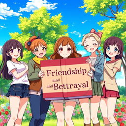 An anime-style illustration showcasing five diverse girls with cheerful expressions, each representing different cultures and styles, standing together in a vibrant outdoor setting