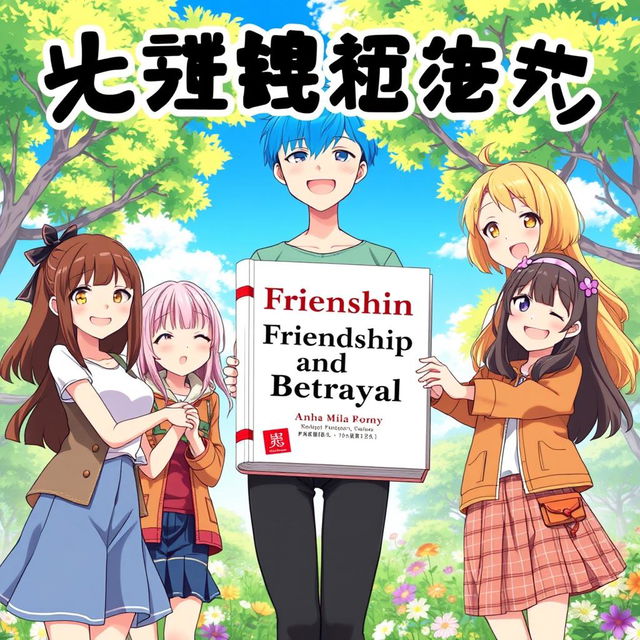 An anime-style illustration showcasing five diverse girls with cheerful expressions, each representing different cultures and styles, standing together in a vibrant outdoor setting