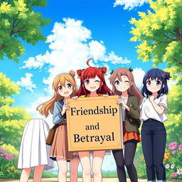 An anime-style illustration showcasing five diverse girls with cheerful expressions, each representing different cultures and styles, standing together in a vibrant outdoor setting