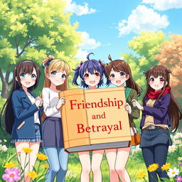 An anime-style illustration showcasing five diverse girls with cheerful expressions, each representing different cultures and styles, standing together in a vibrant outdoor setting