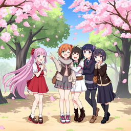 An anime-style illustration featuring five diverse girls in a playful and cheerful setting