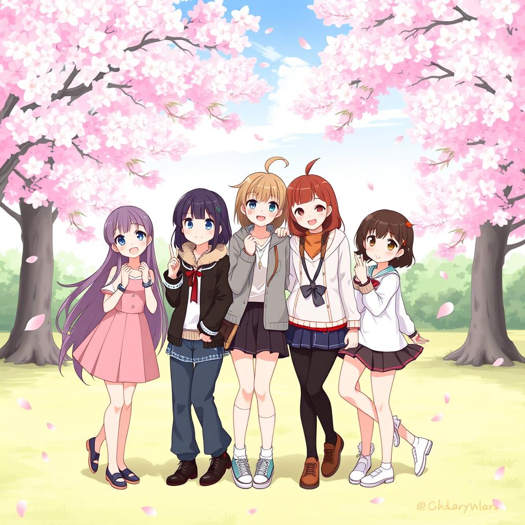 An anime-style illustration featuring five diverse girls in a playful and cheerful setting