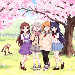 An anime-style illustration featuring five diverse girls in a playful and cheerful setting