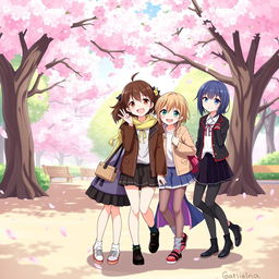 An anime-style illustration featuring five diverse girls in a playful and cheerful setting