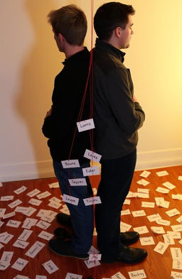 Two people standing back to back, with a vibrant red thread connecting them