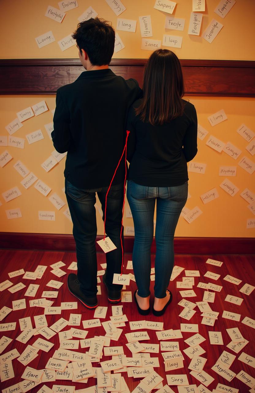 Two people standing back to back, with a vibrant red thread connecting them