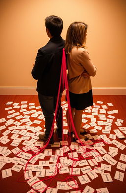 Two people standing back to back, with a vibrant red thread connecting them