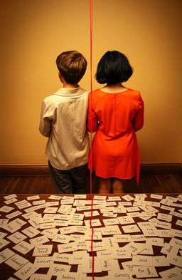 Two people standing back to back, with a vibrant red thread connecting them