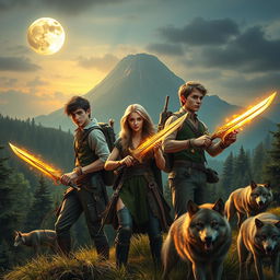 Three young-adult adventurers, including photorealistic males and a beautiful blonde female, exploring a stunning medieval-like world characterized by lush green forests, a dramatic volcano in the background, and two glowing moons illuminating the twilight sky