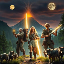 Three young-adult adventurers, including photorealistic males and a beautiful blonde female, exploring a stunning medieval-like world characterized by lush green forests, a dramatic volcano in the background, and two glowing moons illuminating the twilight sky